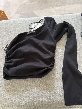 Zara Black Ruched One-Shoulder Crop Top